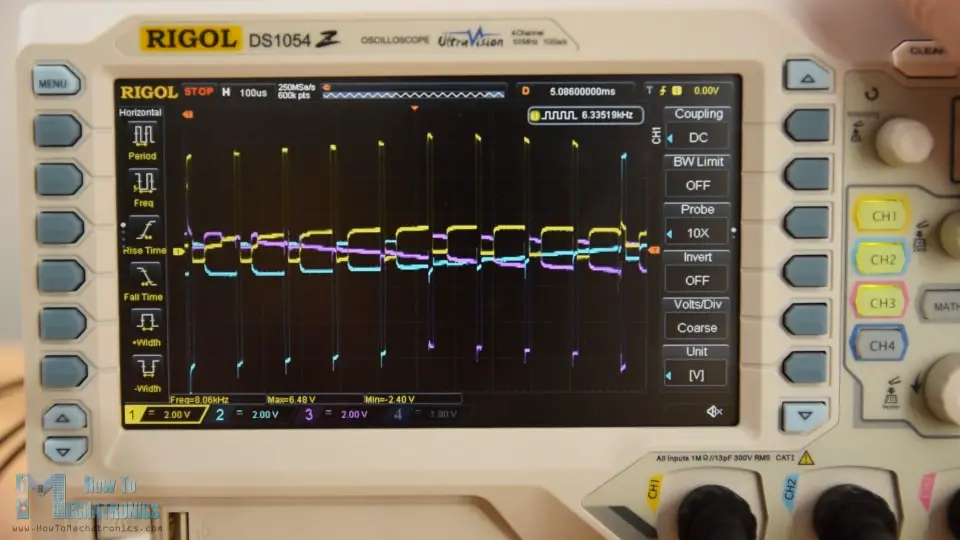 BLDC motor phases activations displayed on a Rigol DS1054Z Oscilloscope