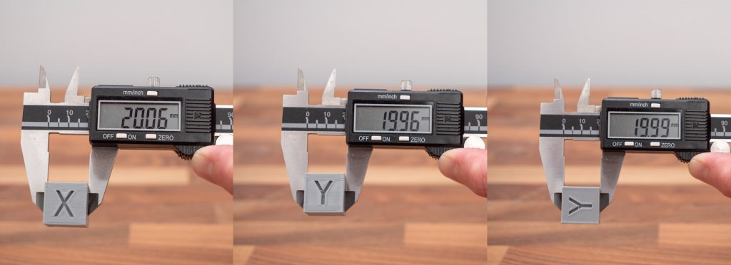 Calibration Cube dimensional accuracy test result measuring with caliper