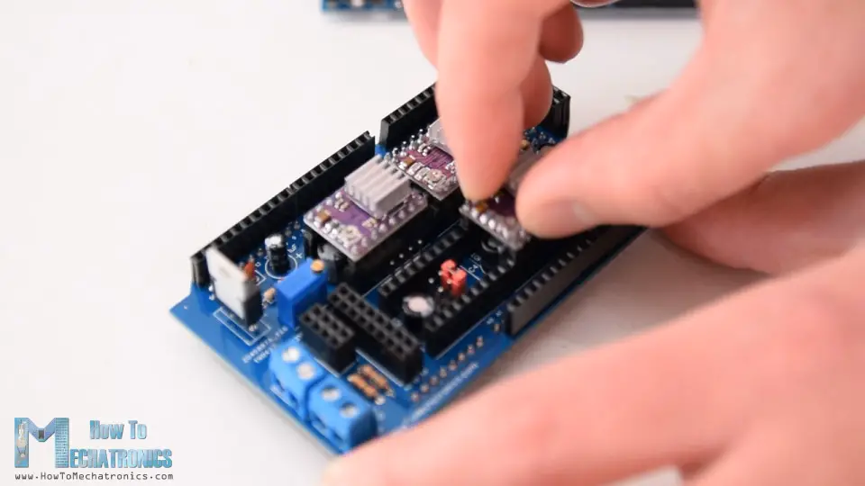 Inserting the DRV8825 stepper drivers onto the PCB sheild