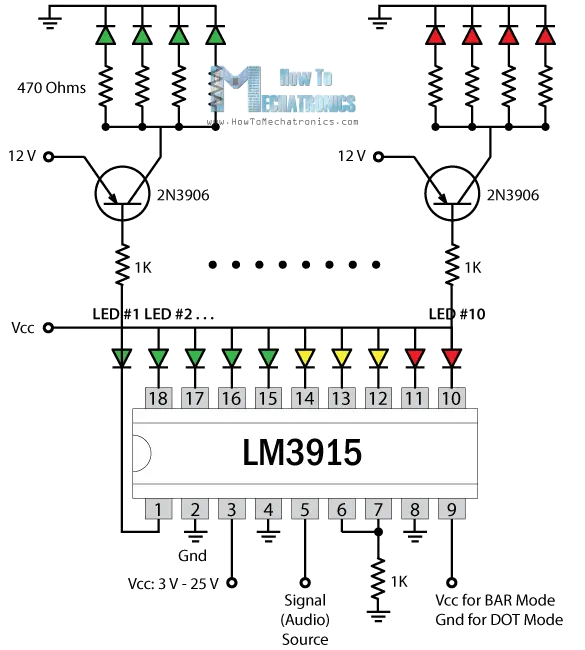 LM3915 Extended Outputs Circuit Schematics