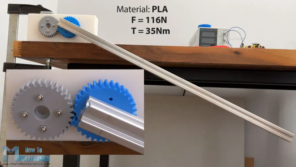 PLA 3D Printed gears strength test with a force meter