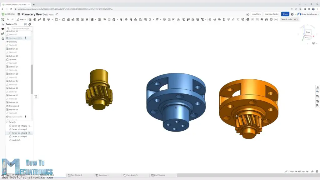 Sun gear and planet carrier design in Onshape