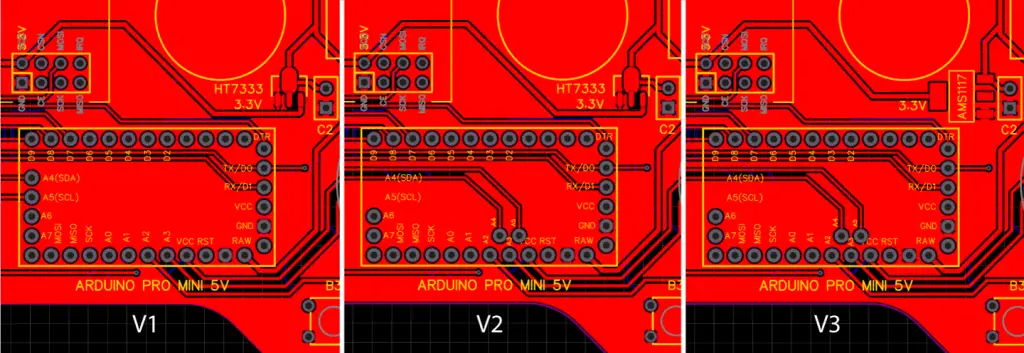 Three different-versions of the transmitter PCB