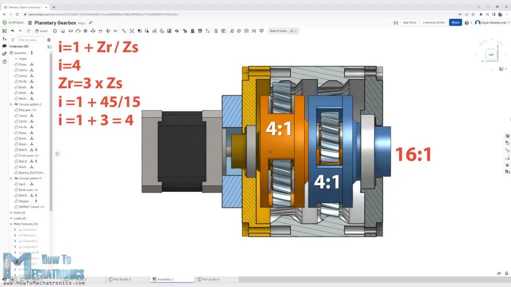 Two-stage planetary gearbox with 16 to 1 reduction ratio